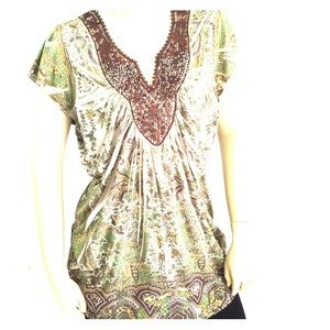 Unity World Wear L Green Gold Brown Bedazzled Neck
